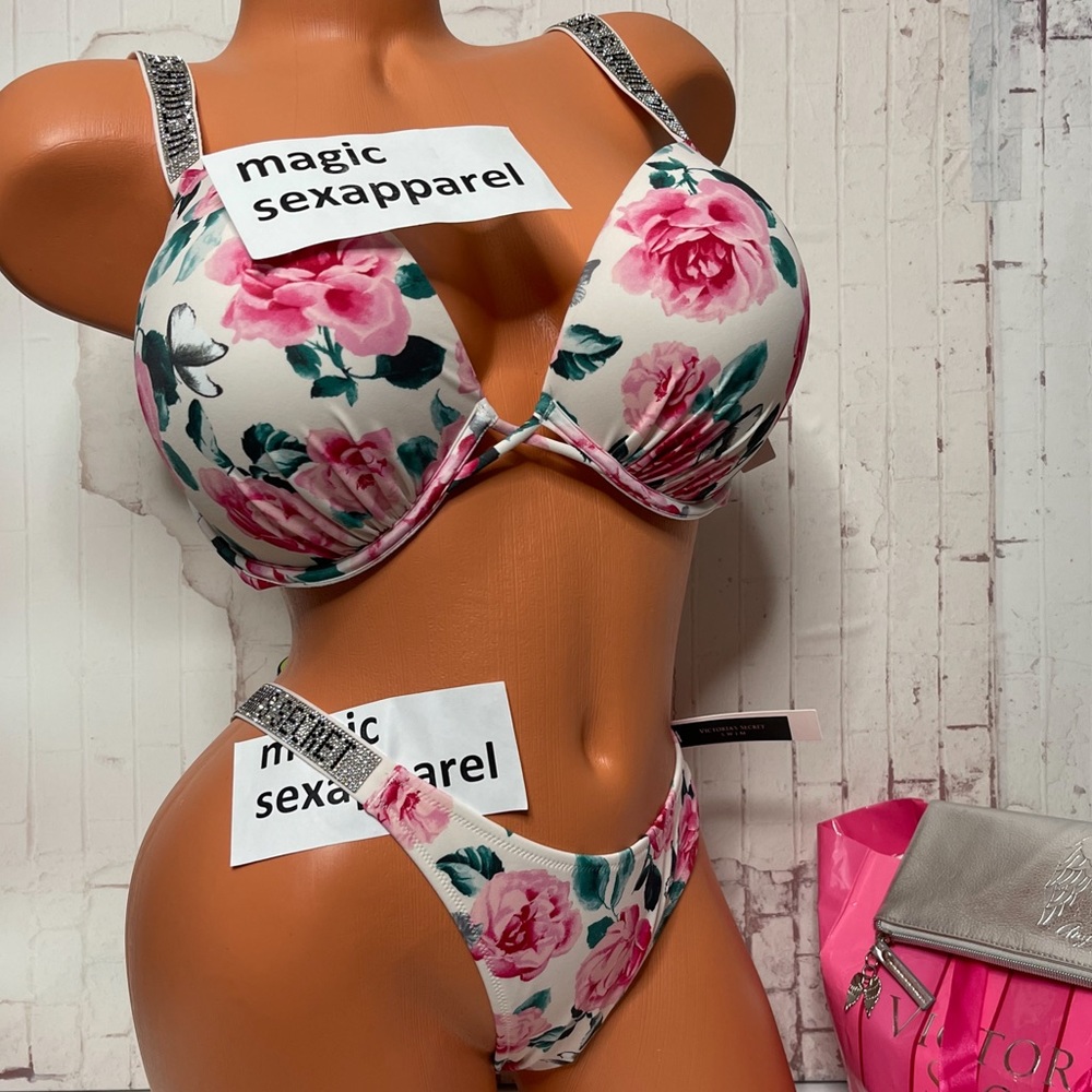 VS SWIM 34 36 38 BOMBSHELL BRA S M L BOTTOM SHINE STRAP ADD 2 CUPS SWIM LOGO